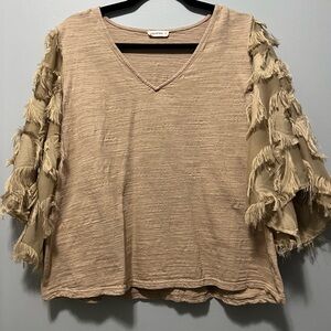 Chic Fringe Sleeve Blouse in Tan